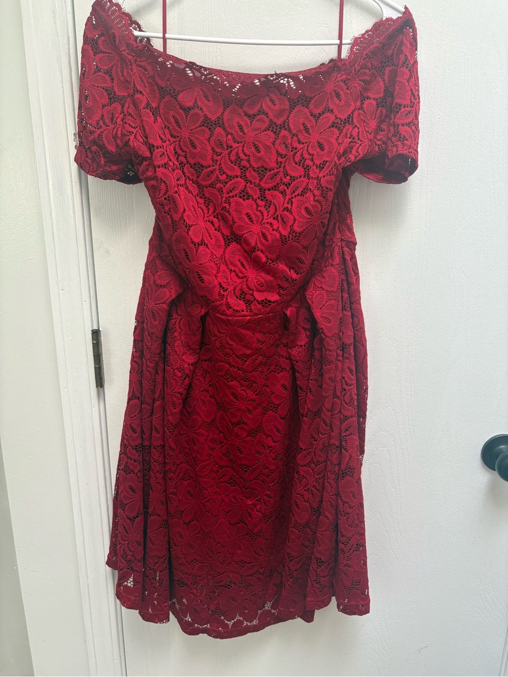 Miss Me Red Off-Shoulder Lace Fit-and-Flare Dress